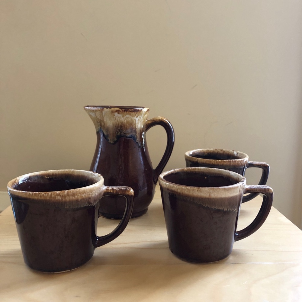 Vintage 1940’s Brown Ceramic Pitcher and Mug Set